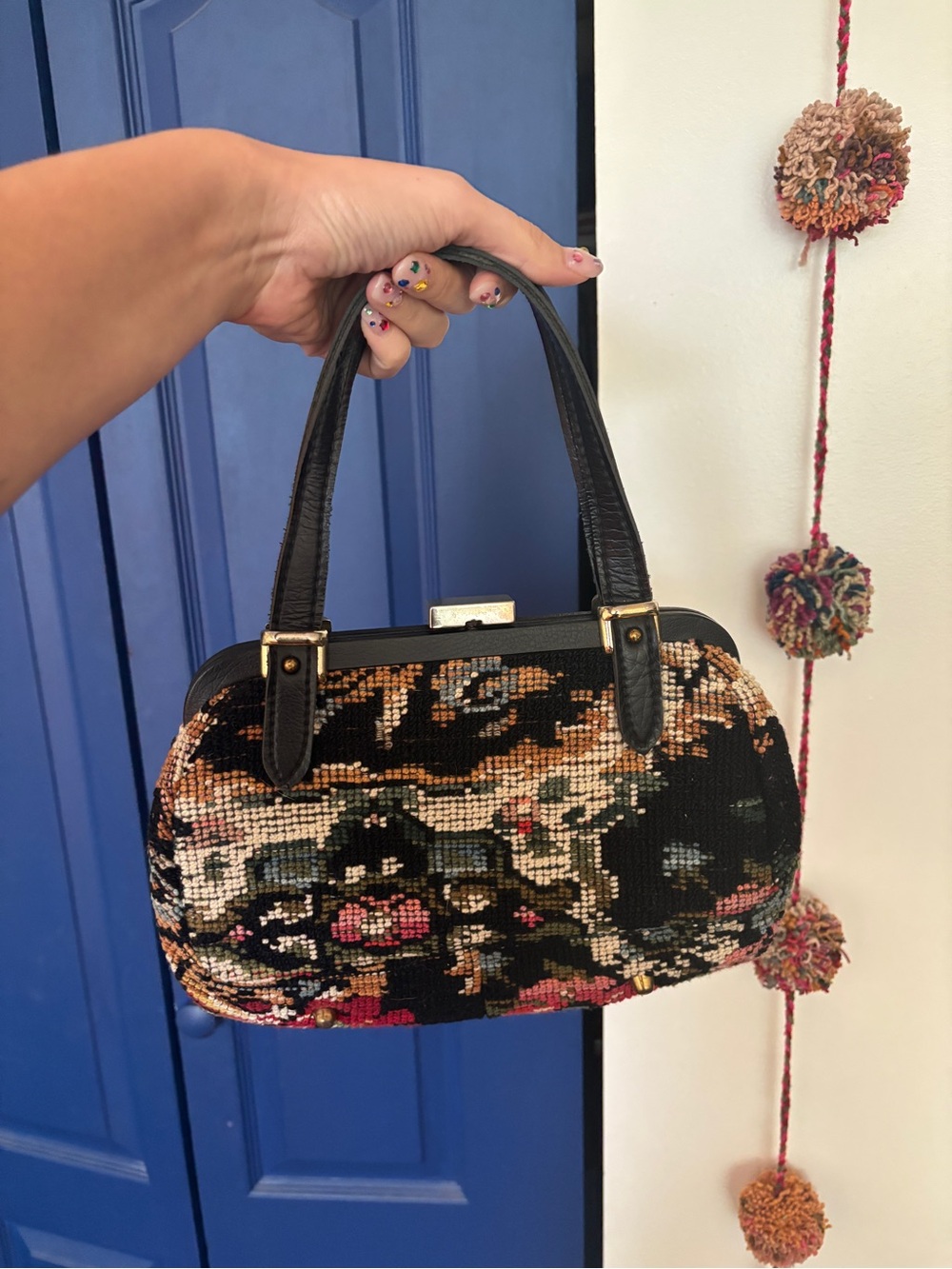 Jaclyn USA Vintage Black Floral Tapestry Top-Handle Bag